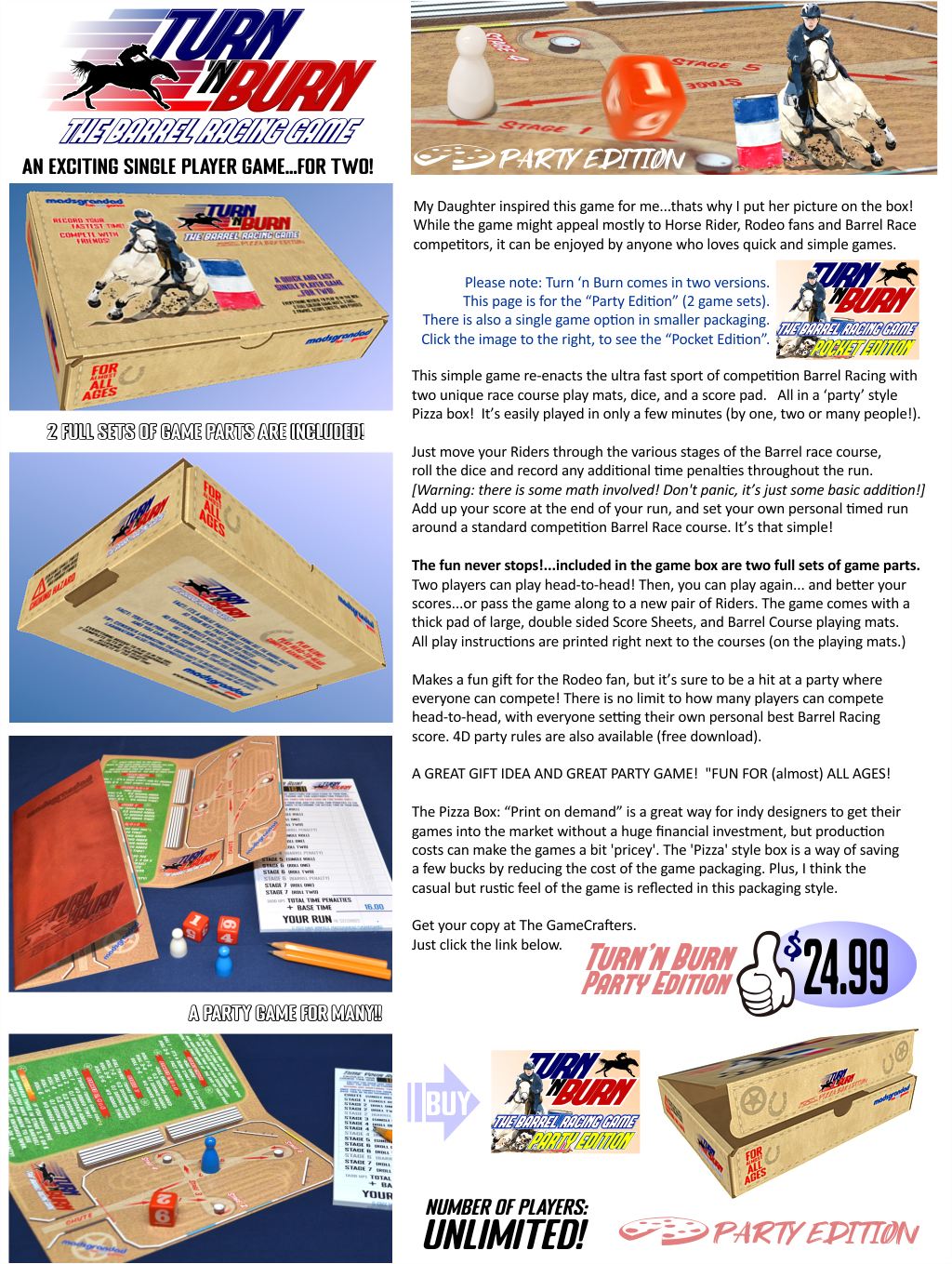 Turn 'n Burn - a Horse  and Barrel Racing themed roll and score Dice game. Party Edition